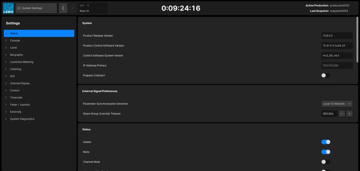 mc²56 System Settings page: general system settings