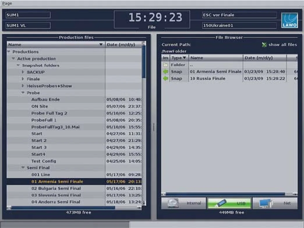 File screen: productions, snapshot folders and file browser