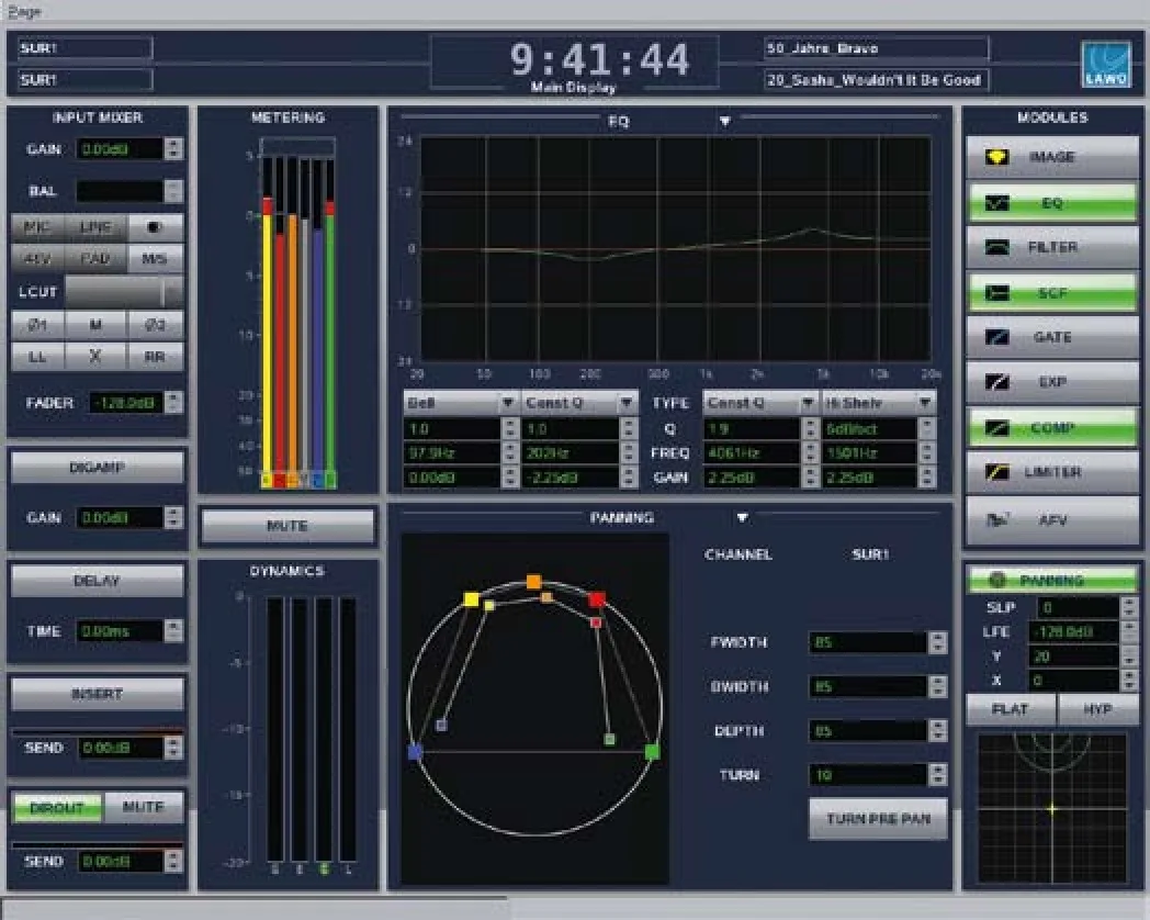 Main Display centre screen: input, EQ, dynamics and surround panning of a channel
