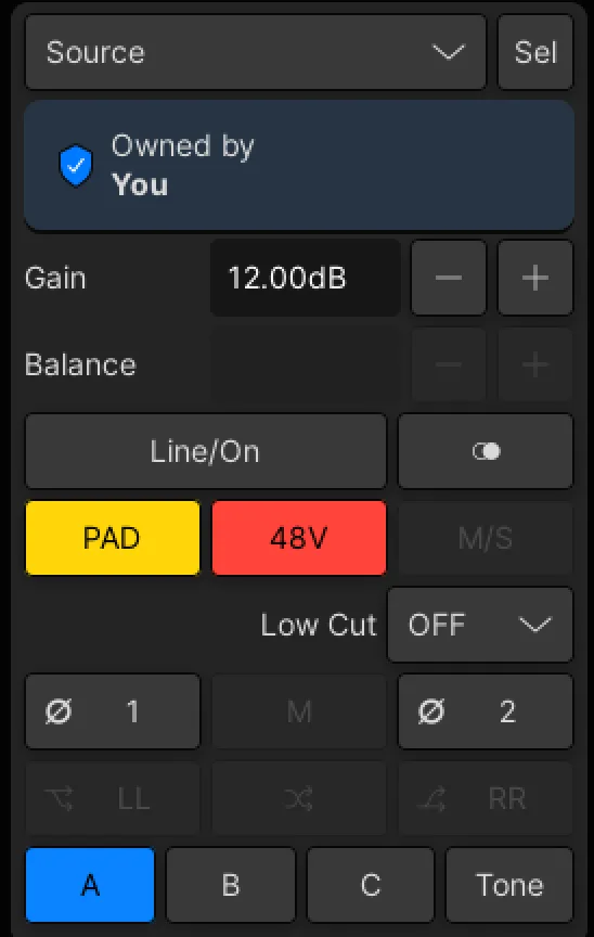 mc²96 Main Display, Input module in mic mode: gain, phantom power, phase and filter
