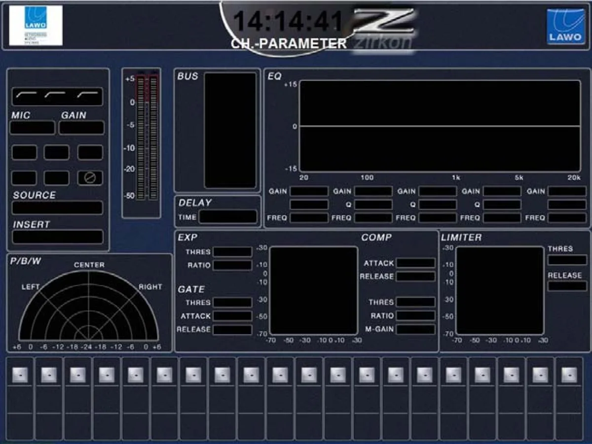 VisTool for zirkon, CH.-PARAMETER page: source, gain, EQ, dynamics, limiter and pan of the channel (2x enlarged)