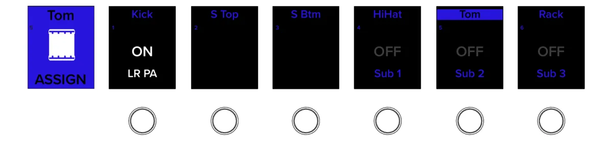 Axis DC16, écrans de voie de la surface, ASSIGN, affectation de la voie au LR et aux sous-groupes (illustration du manuel)