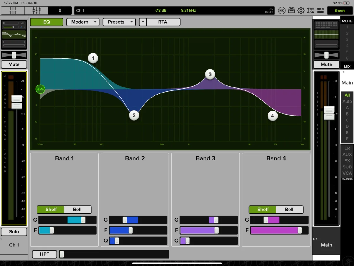 Master Fader 5 on iPad, 4-band EQ of the selected channel (captured on a DL32-class mixer)