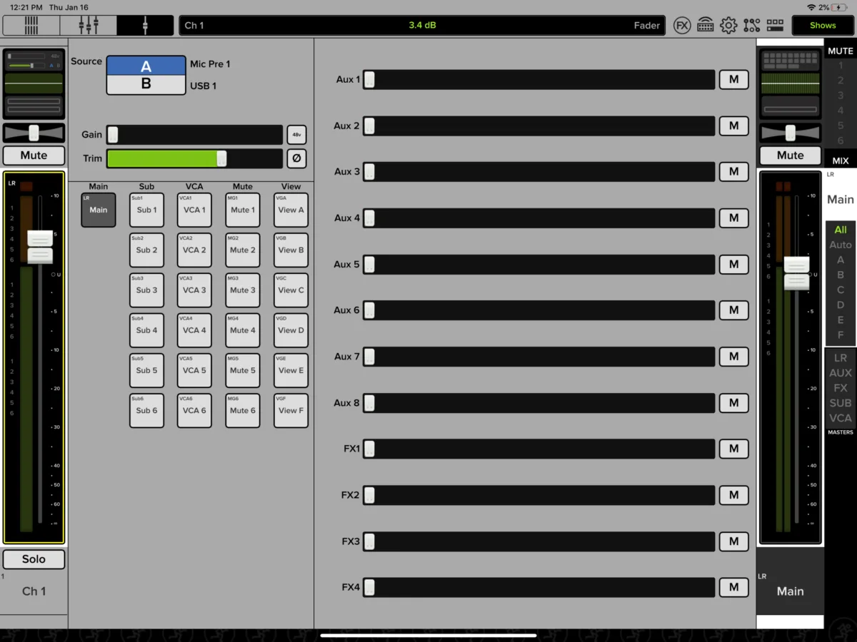 Master Fader 5 on iPad, source, aux and FX sends and Sub, VCA and mute group assignment (captured on a DL32-class mixer)