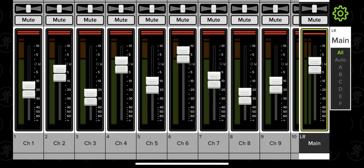 Master Fader 5 on iPhone as a remote, Mixer view (captured on a DL32-class mixer)