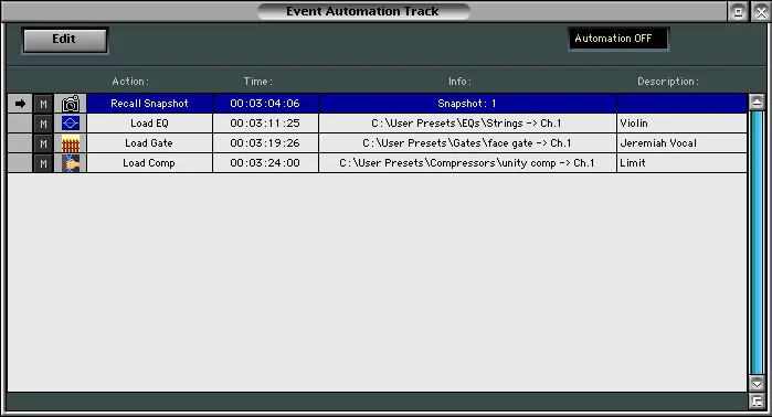 Écran VGA de la d8b, Event Automation Track