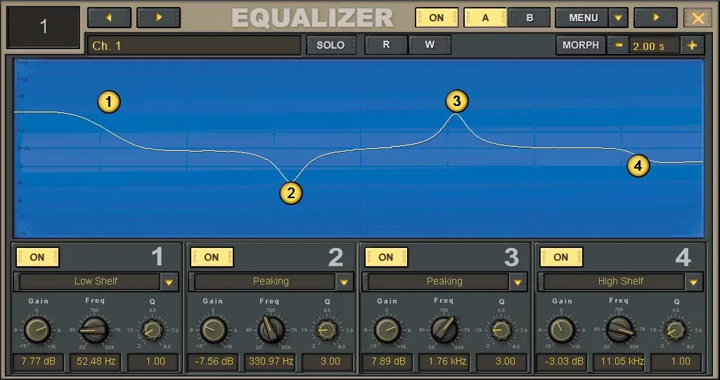 Digital X Bus touchscreen, Equalizer window, 4-band parametric EQ