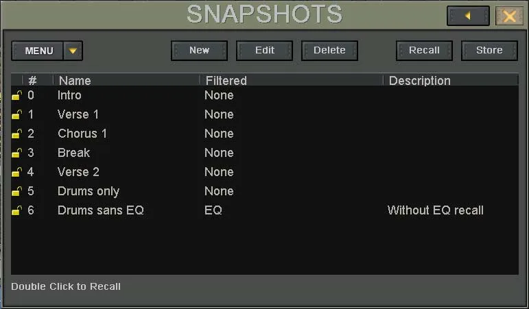 Digital X Bus touchscreen, Snapshots window, snapshot list