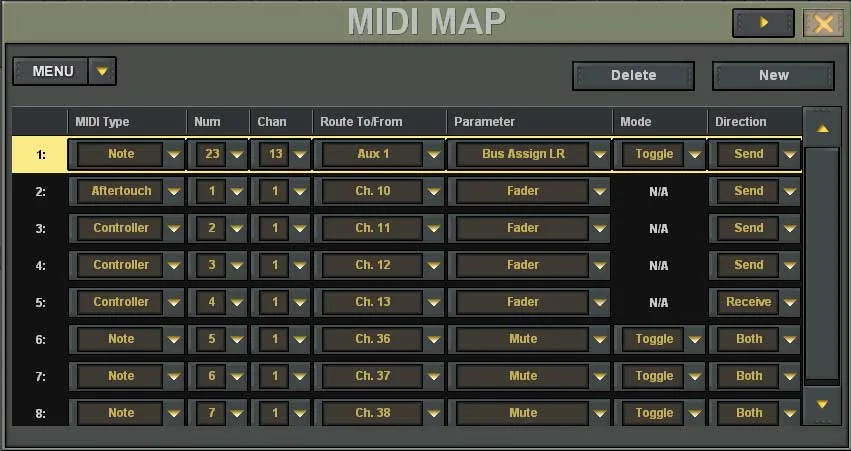 Digital X Bus touchscreen, MIDI Map, MIDI control mapping