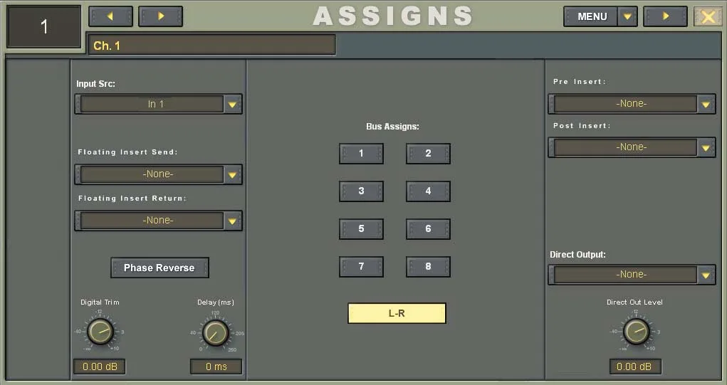 Digital X Bus touchscreen, Assigns window, input, insert and bus assignment