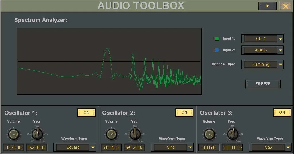 Digital X Bus touchscreen, Audio Toolbox, spectrum analyzer and oscillators