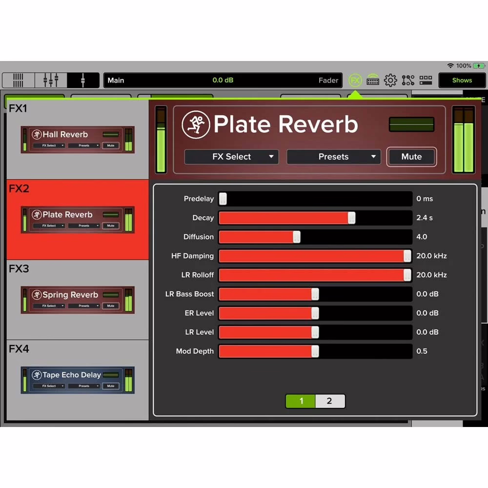 DL16S, écran de mixage = app Master Fader, réverbe Plate Reverb sur FX2 (capture Mackie générique de la gamme DL)