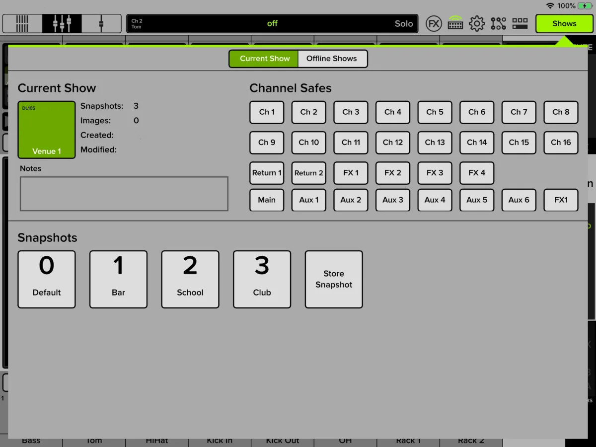 Axis DC16, app Master Fader, gestion des shows et snapshots (capture Mackie générique de la gamme DL)