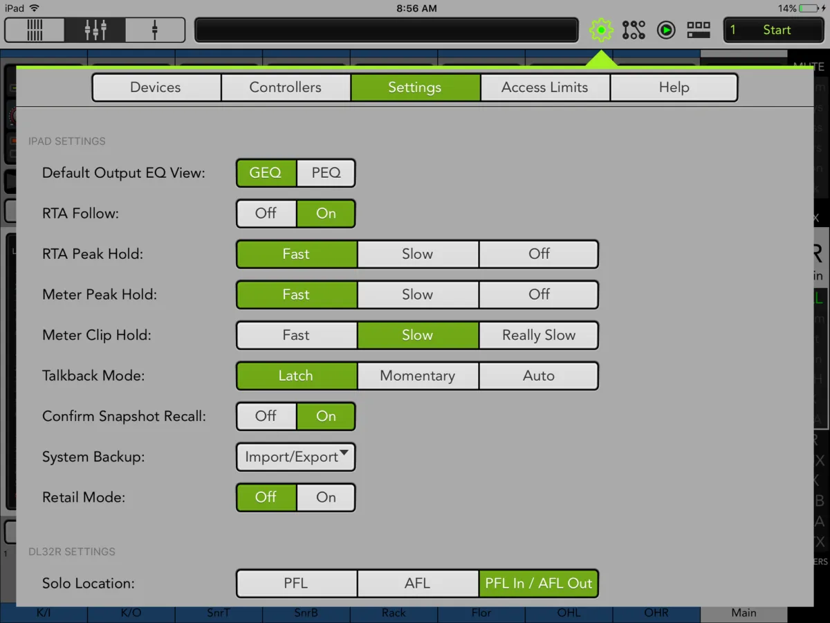 DL16S, écran de mixage = app Master Fader, réglages de l'app (version 4.5 de l'app) (capture Mackie générique de la gamme DL)