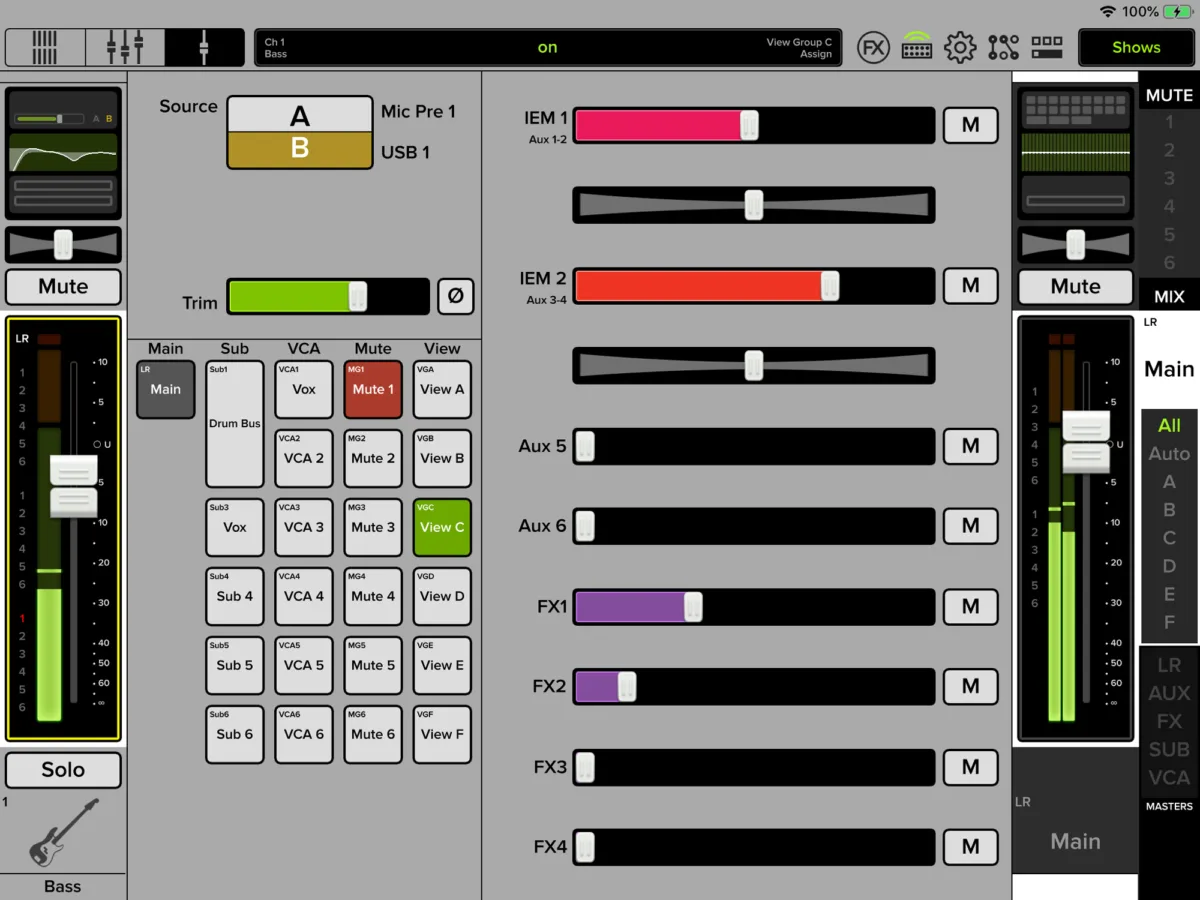 DL16S, écran de mixage = app Master Fader, source, trim et envois de la voie (capture Mackie générique de la gamme DL)