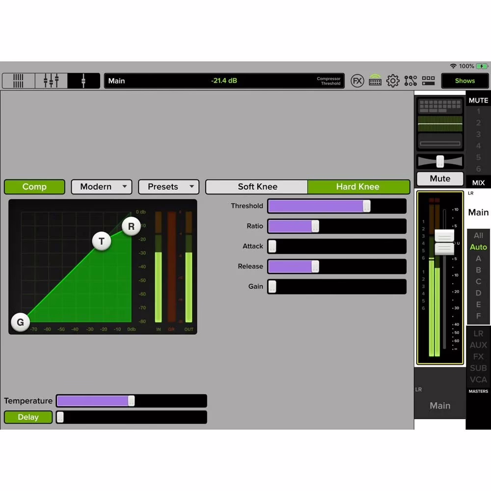 Master Fader app: FX section (reverb)