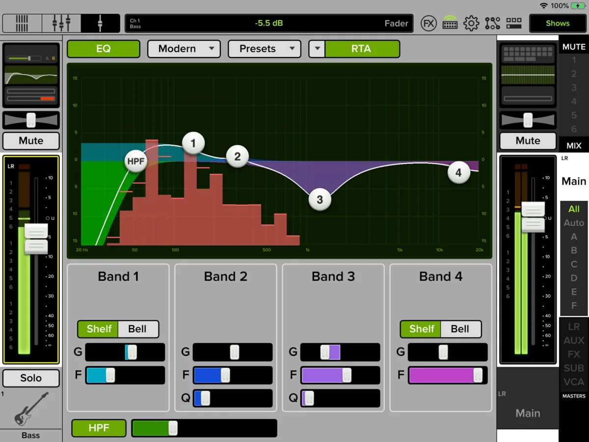 Axis DC16, app Master Fader, EQ paramétrique 4 bandes avec RTA (capture Mackie générique de la gamme DL)
