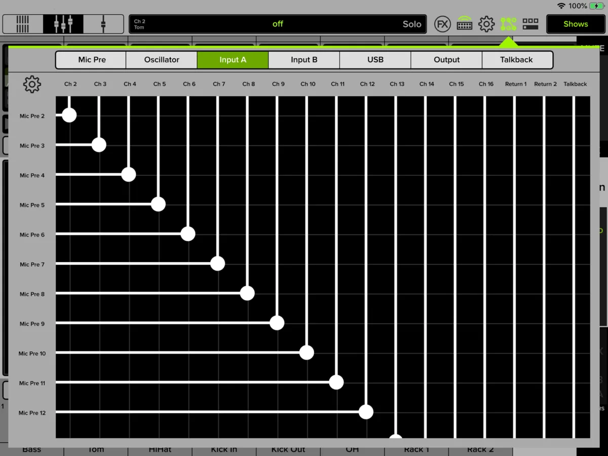 DL16S, écran de mixage = app Master Fader, matrice de patch des entrées (capture Mackie générique de la gamme DL)