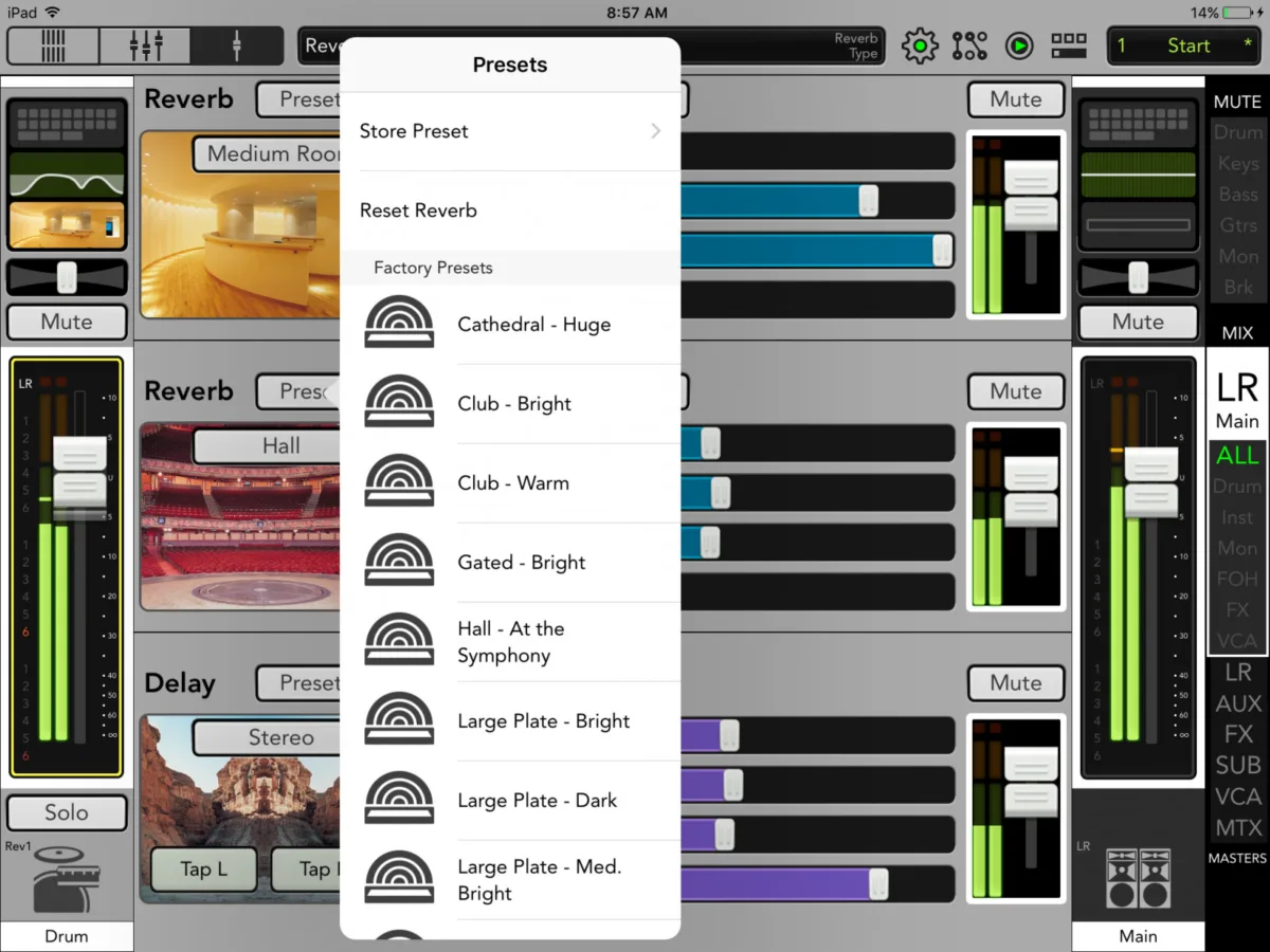 DL16S, écran de mixage = app Master Fader, presets de réverbe (version 4.5 de l'app) (capture Mackie générique de la gamme DL)