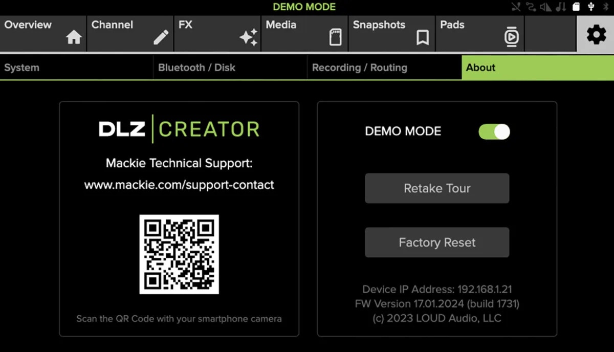 DLZ Creator, écran tactile, écran About en mode démo