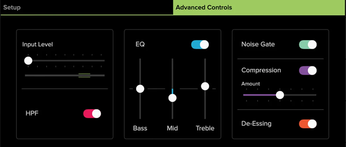 DLZ Creator, écran tactile, réglages avancés de la voie (EQ, gate, compression, de-esser)