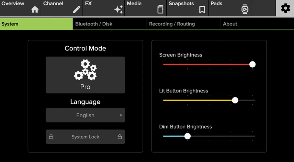 DLZ Creator, écran tactile, réglages System (mode de contrôle, langue, luminosité)