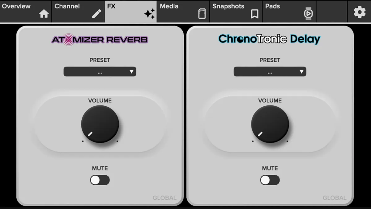 DLZ Creator, écran tactile, vue FX avec réverbe et delay globaux