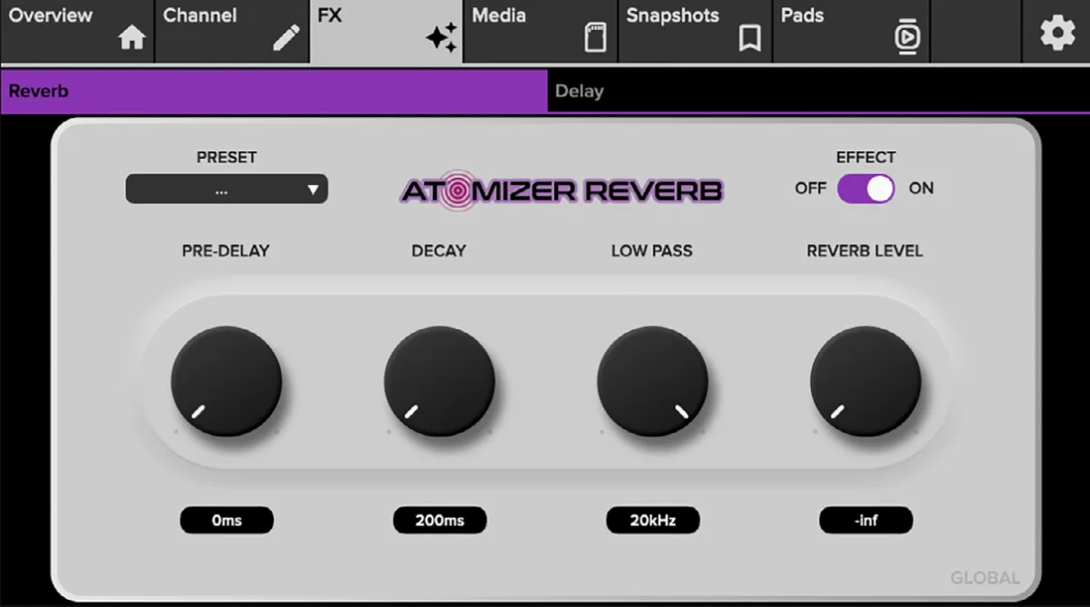 DLZ Creator, écran tactile, réglages de la réverbe Atomizer Reverb