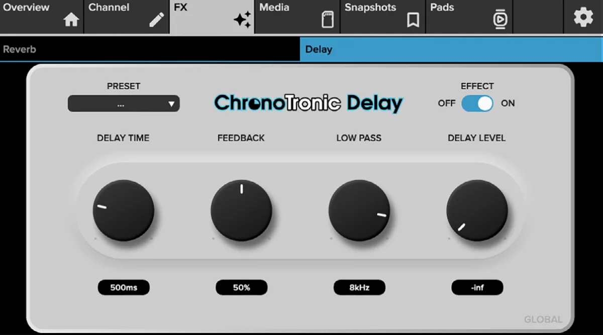 DLZ Creator, écran tactile, réglages du delay ChronoTronic Delay