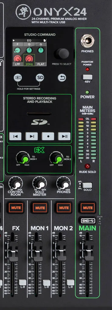 Studio Command section: colour screen, SD recorder, FX and meters
