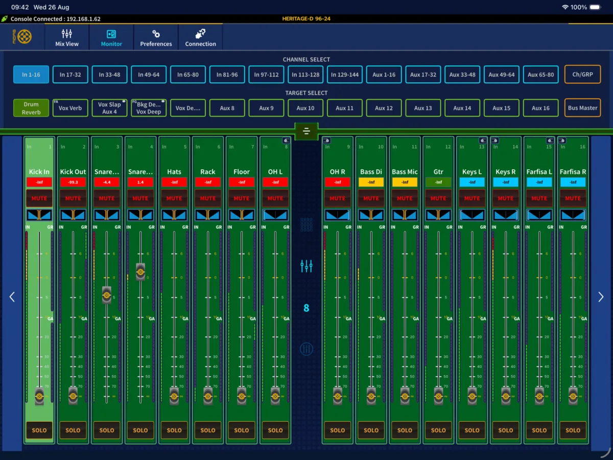 HD-Mix app Monitor view: aux selection and monitor mix on faders (App Store screenshot)