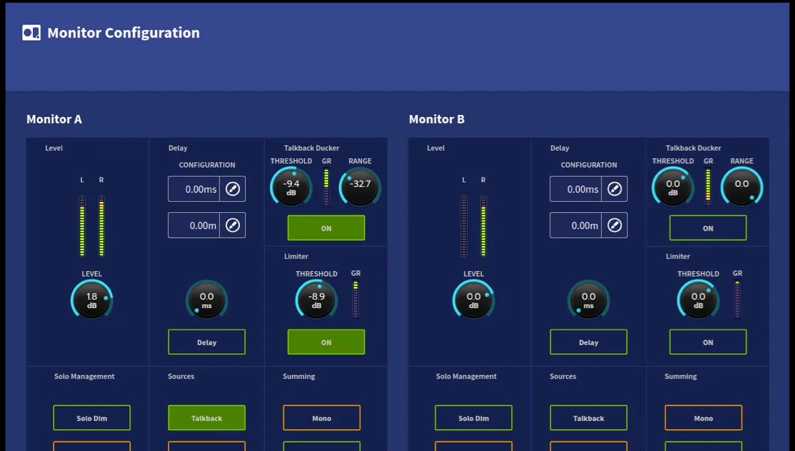 Monitor Configuration: monitors A and B, delay, talkback ducker, limiter, solo management and summing (capture from the user manual, console 21-inch touchscreen)