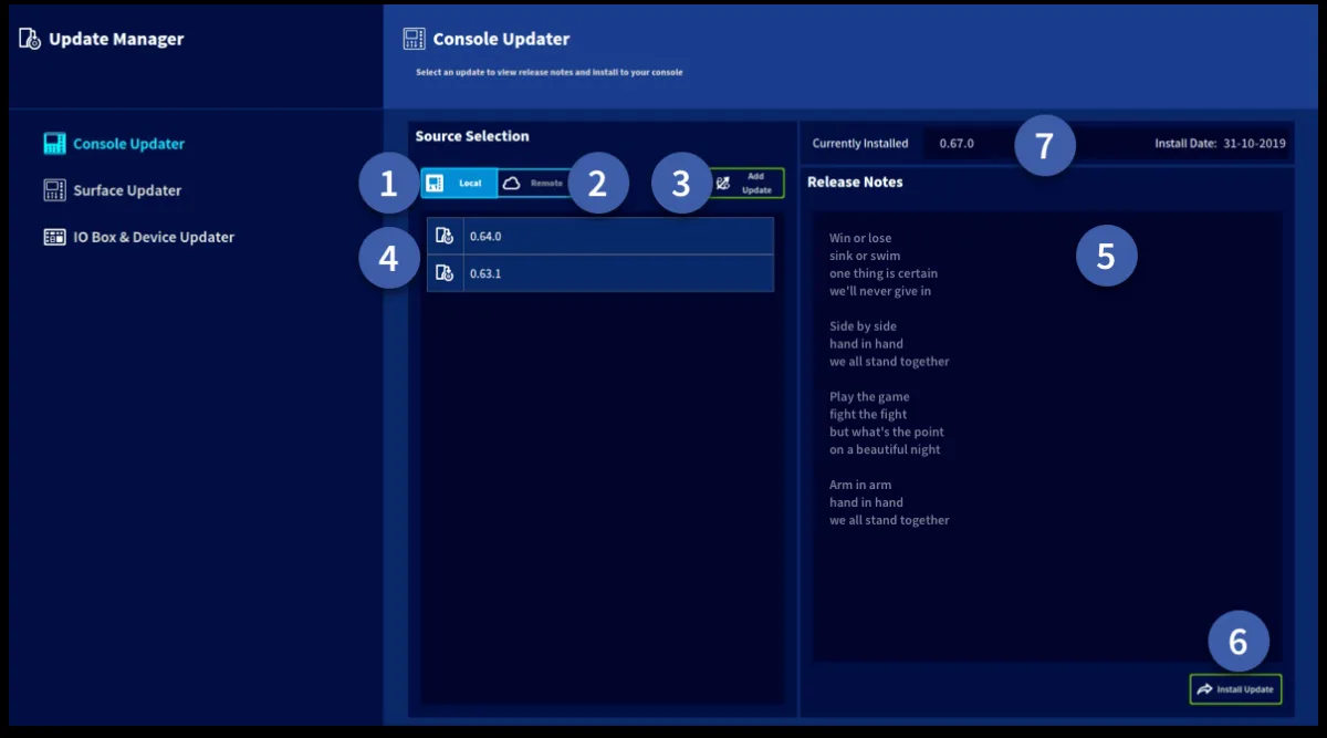 Update Manager: console, surface and I/O box updates (annotated) (capture from the user manual, console 21-inch touchscreen)