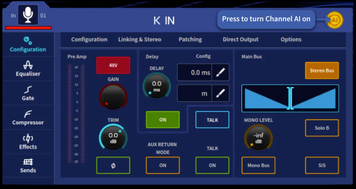 Channel Configuration page: preamp, gain, trim, delay, main bus and Channel AI button (capture from the user manual, console 21-inch touchscreen)