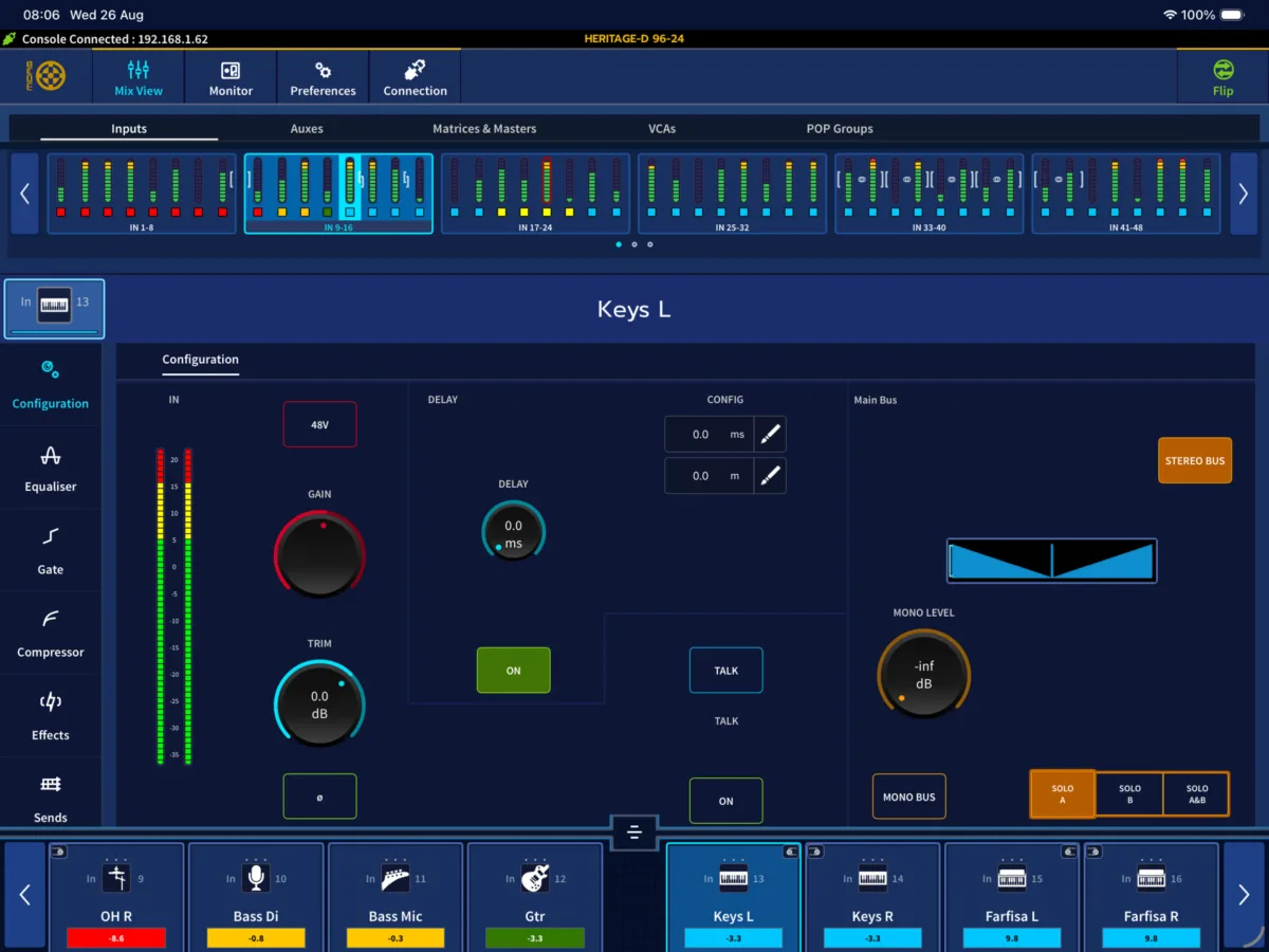 HD-Mix app: channel configuration (gain, trim, delay, main bus) (App Store screenshot)