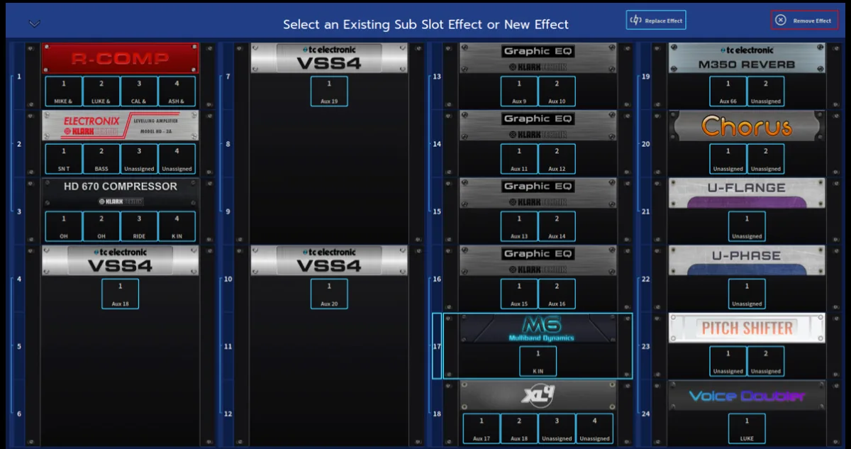 Effect rack: selecting an effect in a sub-slot (capture from the user manual, console 21-inch touchscreen)