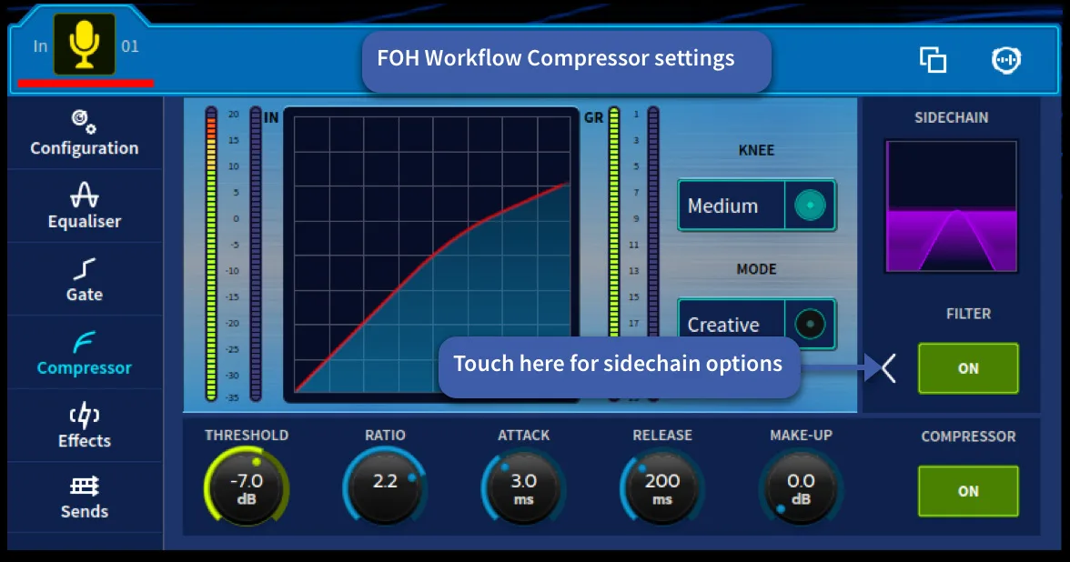Channel compressor in the FOH workflow: threshold, ratio, attack, release, make-up, knee and mode (capture from the user manual, console 21-inch touchscreen)