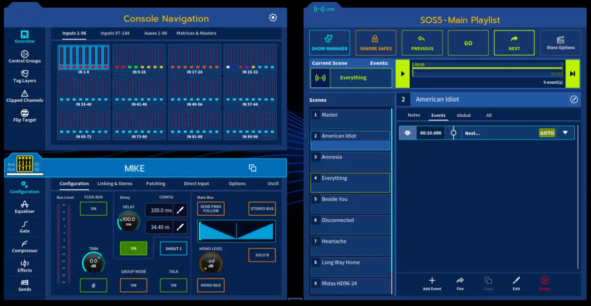 Console navigation with the Show Manager playlist and selected channel configuration (capture from the user manual, console 21-inch touchscreen)