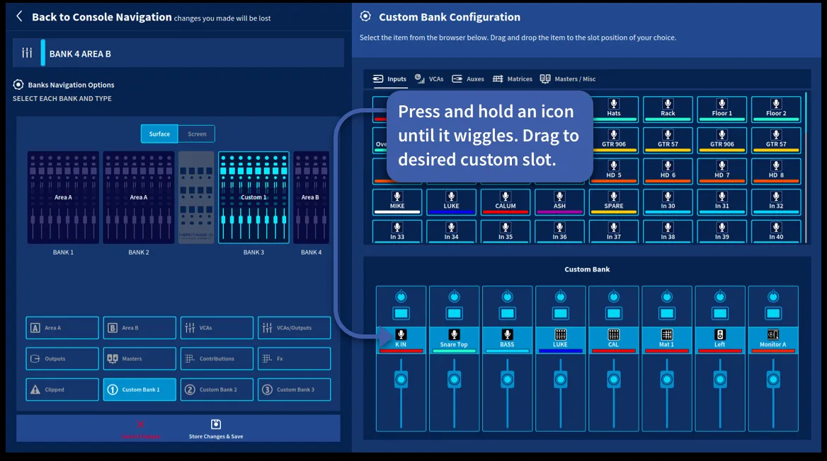 Custom bank configuration by drag and drop (annotated) (capture from the user manual, console 21-inch touchscreen)