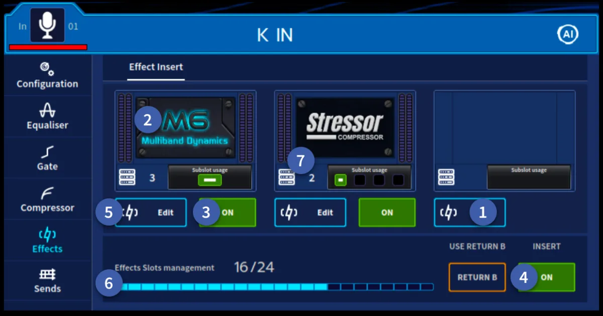 Channel effect inserts with management of the 24 FX slots (annotated) (capture from the user manual, console 21-inch touchscreen)