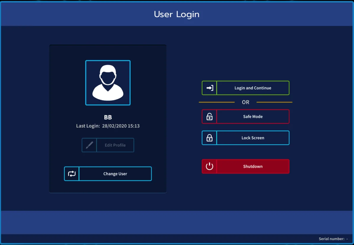 User Login screen with Safe Mode, lock and shutdown (capture from the user manual, console 21-inch touchscreen)