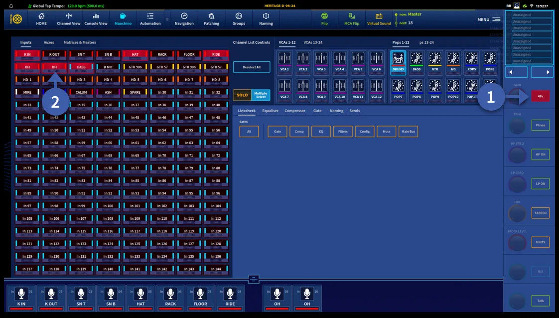 Manchino page (multi-edit): bulk changes across several channels (capture from the user manual, console 21-inch touchscreen)