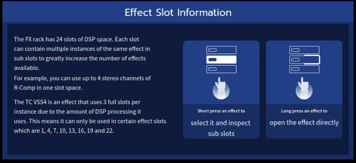 Effect slot and sub-slot information for the FX rack (capture from the user manual, console 21-inch touchscreen)