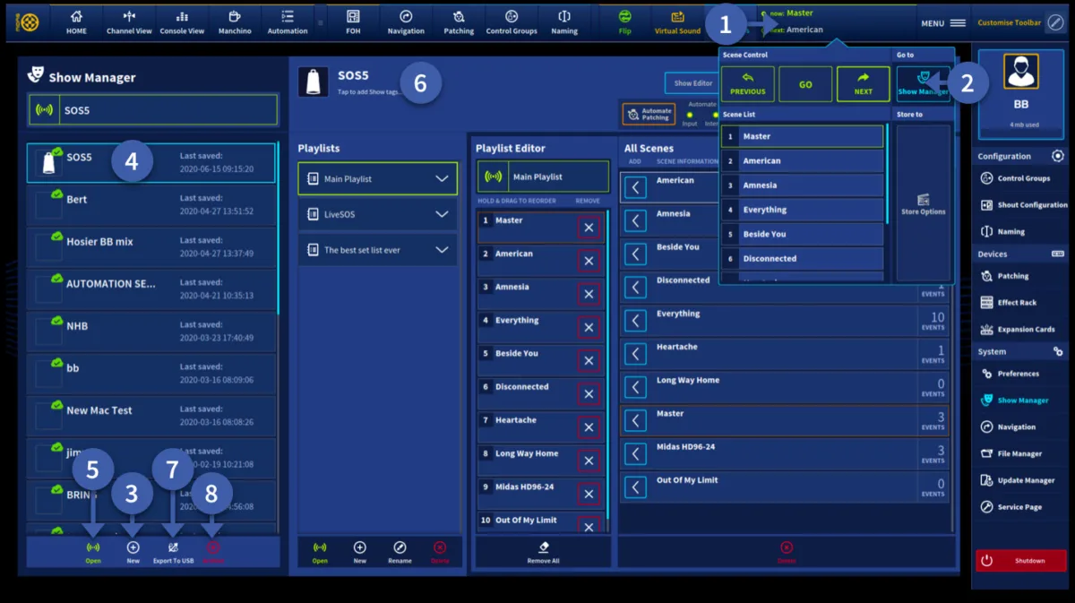 Show Manager: shows, playlists and automation scenes (annotated) (capture from the user manual, console 21-inch touchscreen)