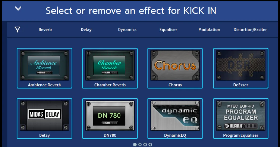 Effects browser by category: reverb, delay, dynamics, equaliser, modulation (capture from the user manual, console 21-inch touchscreen)