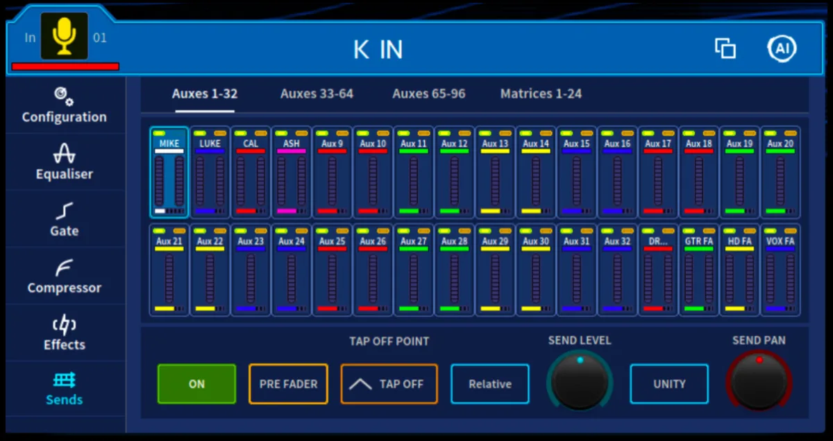 Channel Sends page: sends to 96 auxes and 24 matrices, tap-off point, level and pan (capture from the user manual, console 21-inch touchscreen)