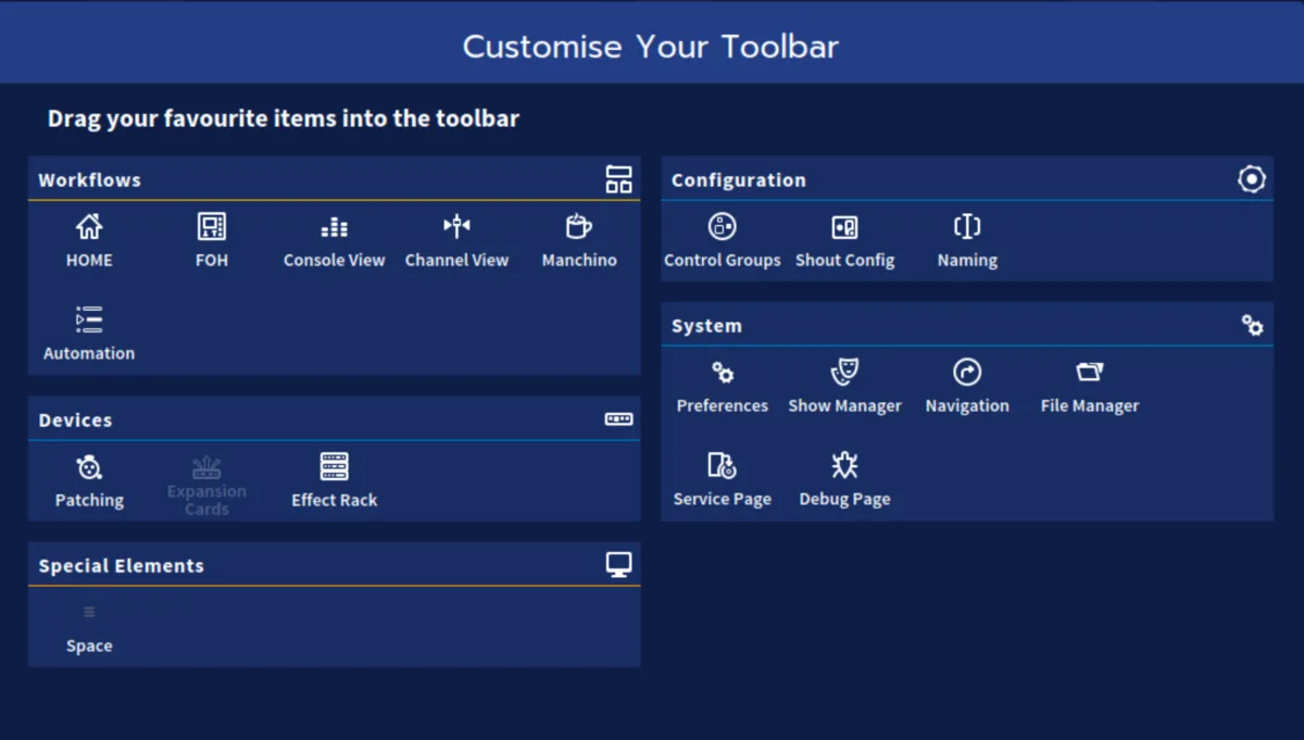 Toolbar customisation: workflows, configuration, system and devices (capture from the user manual, console 21-inch touchscreen)