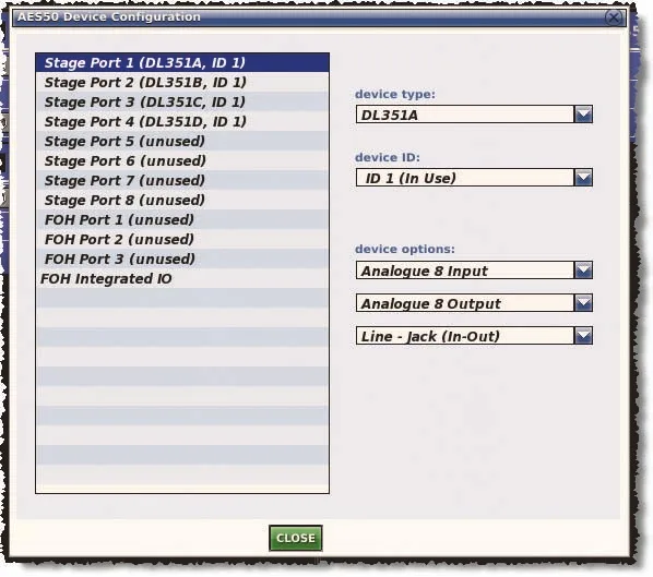 Midas PRO9, I/O rack setup (AES50 Device Configuration) screen