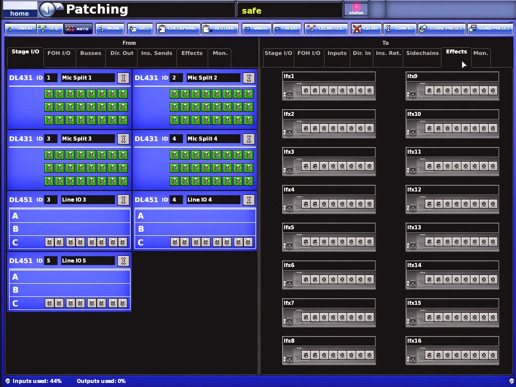 Midas XL8, Patching, routing of DL431 and DL451 rack inputs and outputs screen