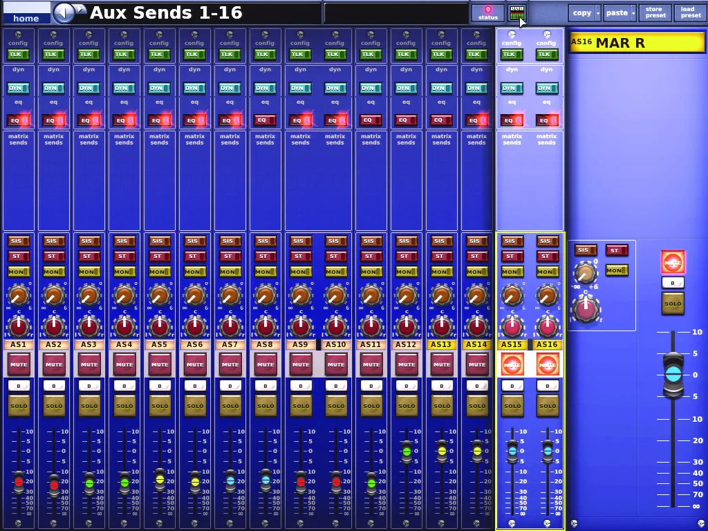 Midas XL8, Aux Sends 1-16, auxiliary sends screen